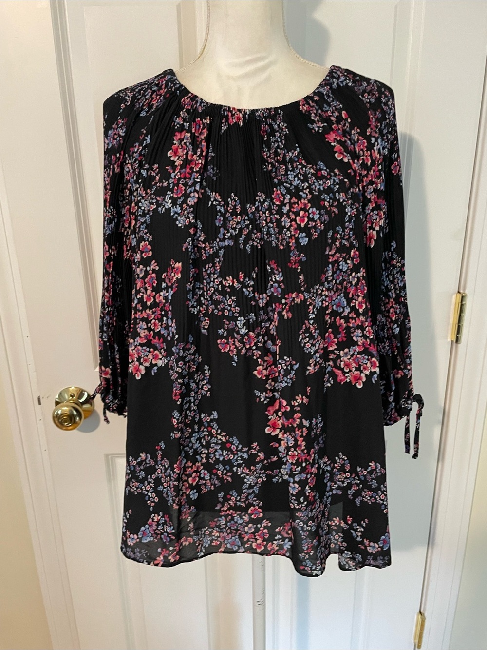 Roz & Ali Black Tunic with Pink and Purple Floral Print